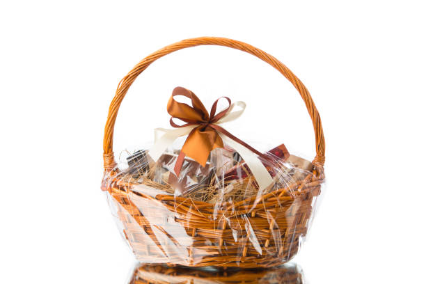 gift basket on white background gift basket isolated on white background basket photos stock pictures, royalty-free photos & images