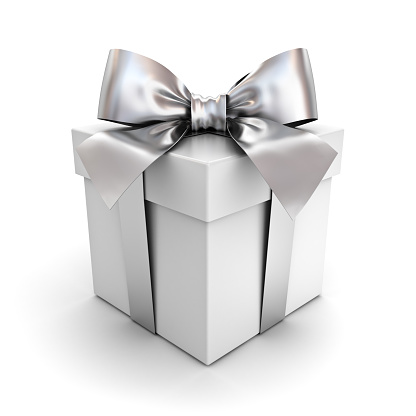 Gift Box Or Present Box With Silver Ribbon Bow Isolated On White Background With Shadow 3d ...