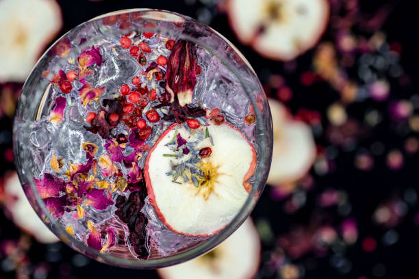 Gin glass goblet with dried fuit Gin Drink. Contains Apple, hibiscus, rose petals, pink peppercorns and lavender. dried food photos stock pictures, royalty-free photos & images