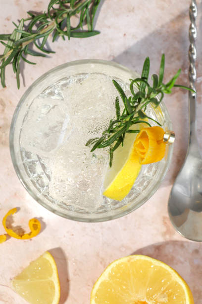 Gin Tonic alcohol drink cocktail with lemon zest and rosemary stock photo
