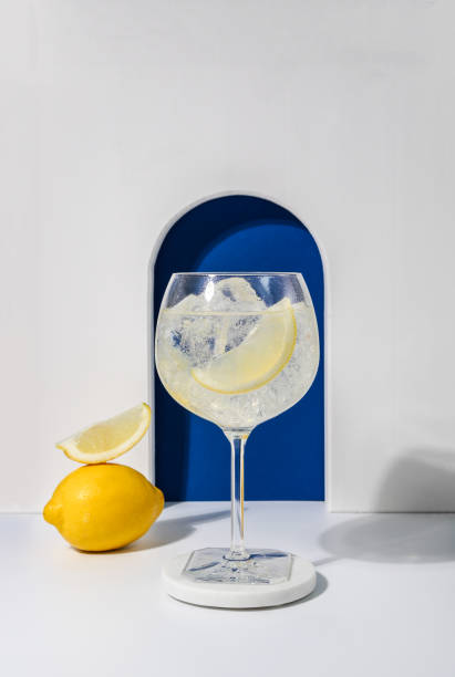 Gin Tonic Cocktail Aperitif with lemon zest and ice on minimal background stock photo