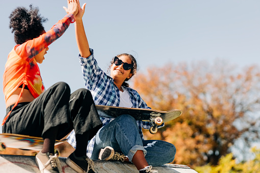 Two happy young girls sitting on a sunny day at the skate park giving each other high five. Female friends with their skateboards high fiving at skatepark.
