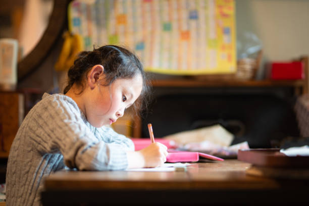 自宅で勉強する女の子 - 習う ストックフォトと画像