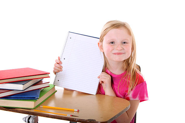 girl with blank notebook stock photo