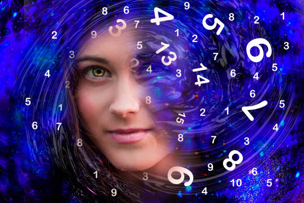 girl's face and cosmic numerology - numerologia imagens e fotografias de stock