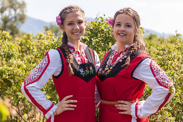 Girls posing during the Rose picking festival in Bulgaria stock photo