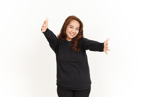 Give hug Open arms Of Beautiful Asian Woman Wearing Black Shirt Isolated On White Background