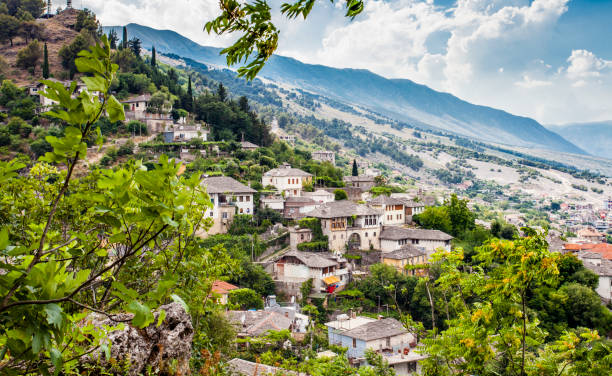 Gjirokastra Town Cityscape Top View from Castle Travel Tip Albania stock photo