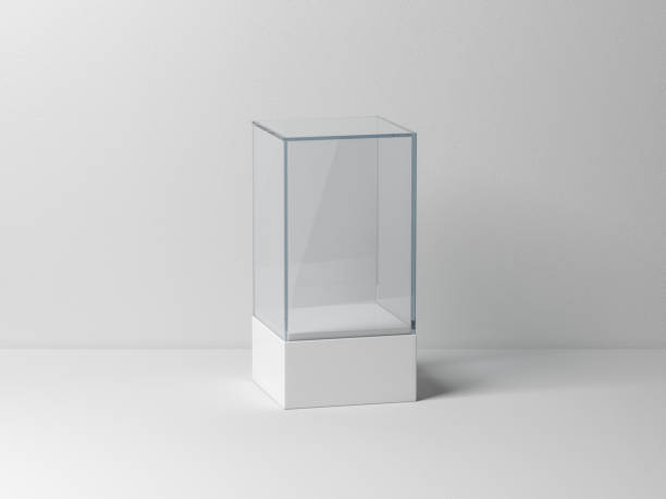 Glass box Mockup with white podium for product presentation Glass box Mockup with white podium for product presentation, 3d rendering retail display stock pictures, royalty-free photos & images