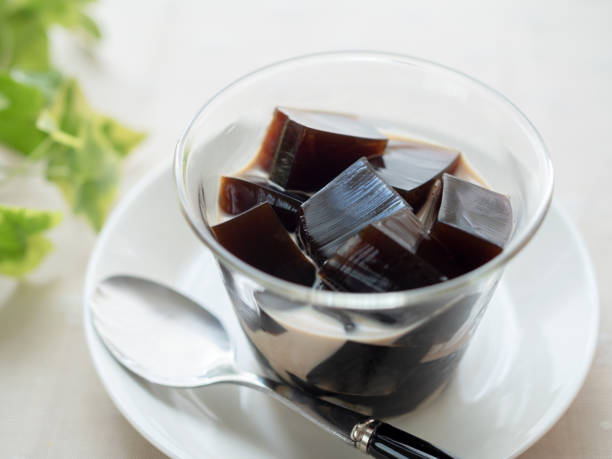 A glass of Japanese coffee jelly A glass of Japanese coffee jelly gelatin stock pictures, royalty-free photos & images