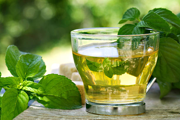 A glass of mint tea on a table covered in mint leaves stock photo