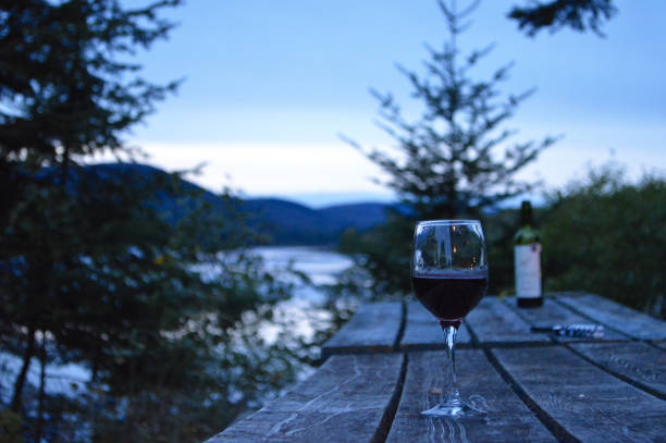 素晴らしい風景と休暇中に自然の赤ワインのガラスは励み - wood table ストックフォトと画像