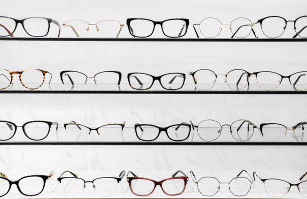 glasses frames on optics showcase stock photo