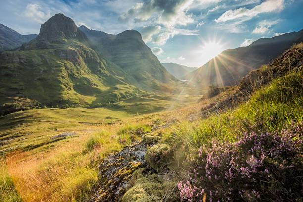 Glencoe, Scotland Valley view below the mountains of Glencoe, Lochaber, HIghlands, Scotland, UK landscape scenery stock pictures, royalty-free photos & images