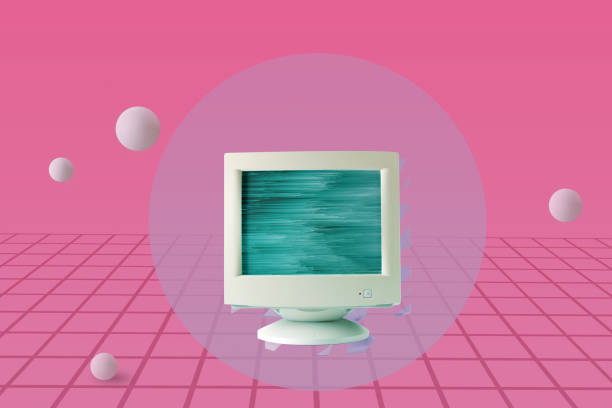 Glitch on retro computer screen in collage of vaporwave on pacific pink background. Minimal concept. stock photo