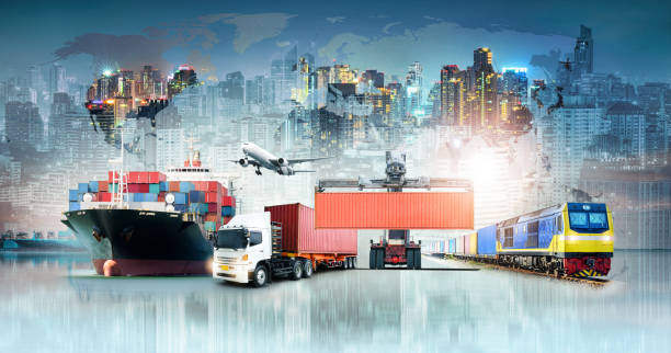 negocios importación exportación fondo y contenedor de carga carga barco transporte concepto de logística - carga fotografías e imágenes de stock