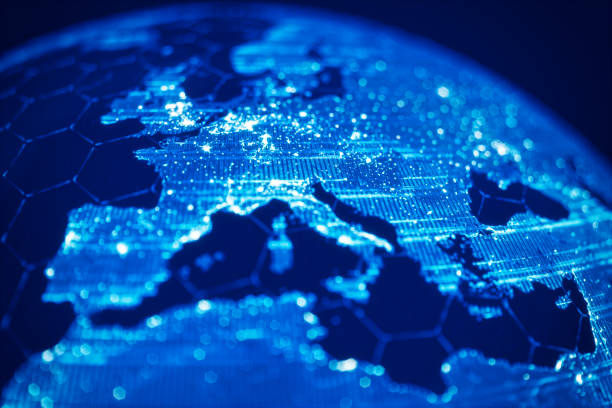 globale kommunikation und technik (world map credits an die nasa) - eu währung stock-fotos und bilder