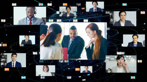 グローバル通信ネットワークの概念。ビデオ会議。テレミーティング。 - オンライン会議 ストックフォトと画像