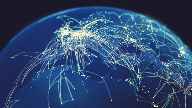Global Connections (World map texture credits to NASA) Cities connected with lines on a blue globe. globe navigational equipment photos stock pictures, royalty-free photos & images