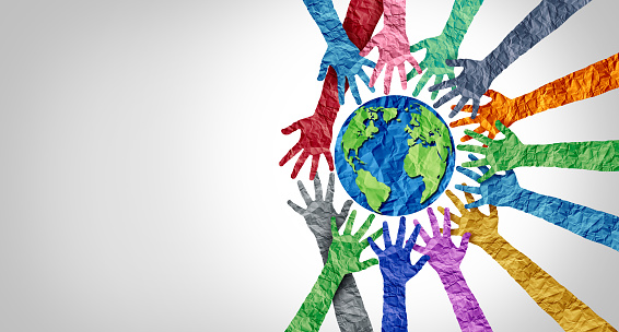 Global culture and world diversity or earth day and international cultures as a concept of diverse races and crowd cooperation symbol as hands holding together the planet earth.