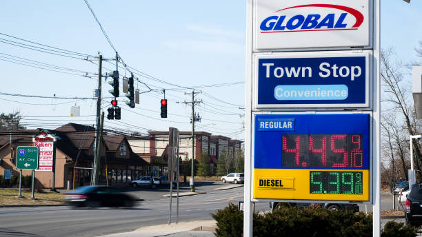 Global gas station price sign near Post road and I -95 view in  nice sunny day with blue sky stock photo