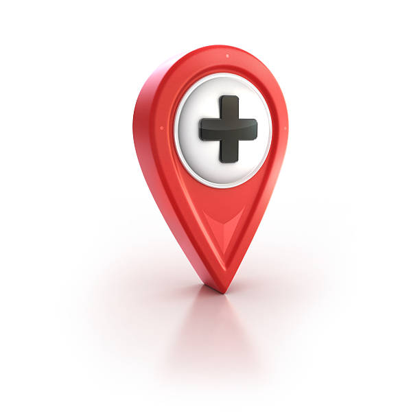 glossy red pin icon with plus or cross sign Plus sign on a mappin (droppin) icon suitable for healthcare and hospitals locations or adding location info .. etc white pages directory stock pictures, royalty-free photos & images