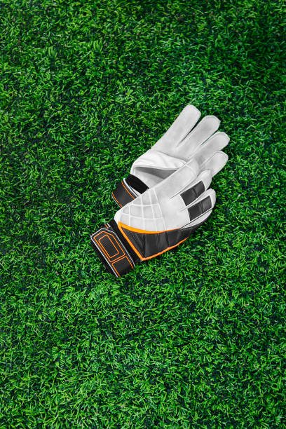 Gloves of the goalkeeper on a green lawn stock photo