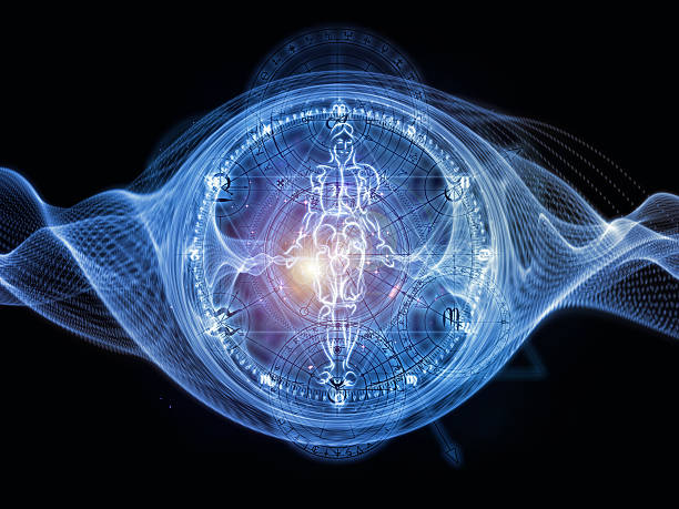 Glowing blue conceptual sacred geometry on black background stock photo