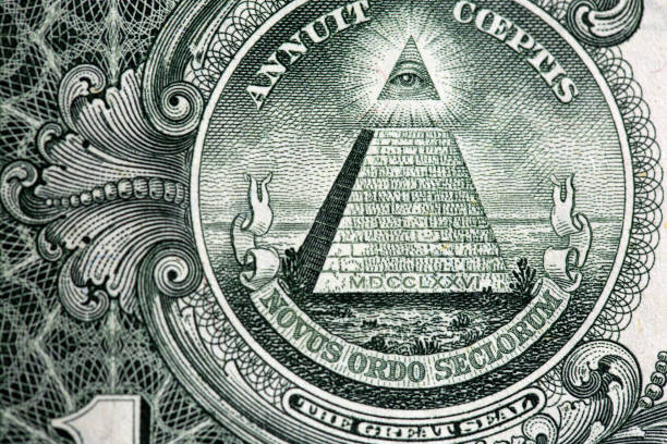 Glowing Eye of Providence above pyramid in Great Seal on US $1 banknote stock photo