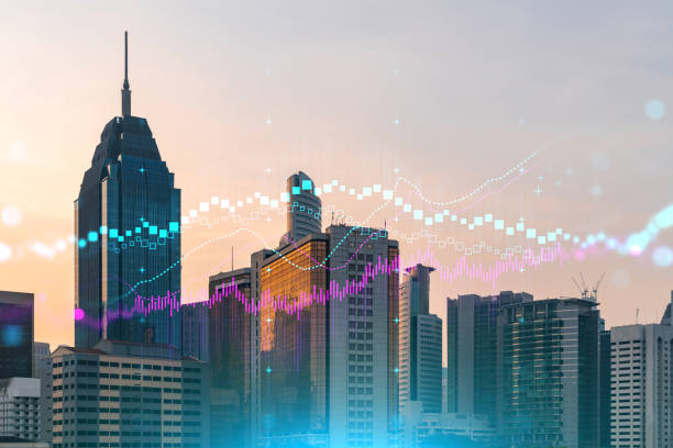 Glowing FOREX graph hologram, aerial panoramic cityscape of Kuala Lumpur at sunset. Stock and bond trading in KL, Malaysia, Asia. The concept of fund management. Double exposure. Glowing FOREX graph hologram, aerial panoramic cityscape of Kuala Lumpur at sunset. Stock and bond trading in KL, Malaysia, Asia. The concept of fund management. Double exposure. central market kuala lumpur stock pictures, royalty-free photos & images