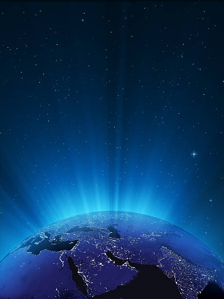 Glowing Globe at Night Series - Middle East Space view of Earth at night with blue light rays. (Middle East) east africa stock pictures, royalty-free photos & images