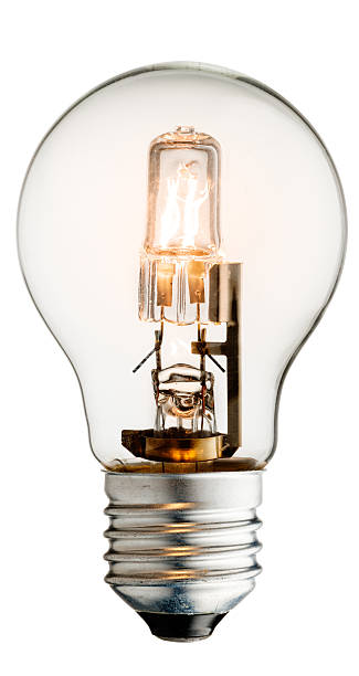 Glowing halogen light bulb Realistic photo image of a turned on halogen light bulb isolated on a white background and with a clipping path halogen light stock pictures, royalty-free photos & images