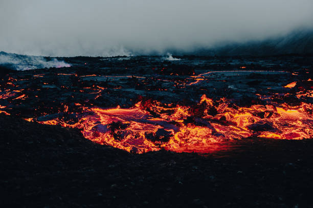 Glowing Magma Iceland Lava Landscape Fagradalsfjall Volcano stock photo