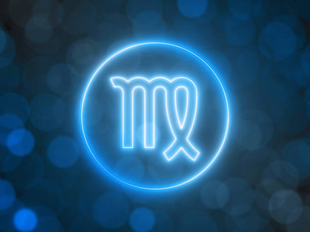 glowing neon sign of Virgo with blurred bokeh background. 3d illustration glowing neon sign of Virgo with blurred bokeh background. suitable for zodiac, fate, religion, light and energy themes. 3d illustration virgo stock pictures, royalty-free photos & images