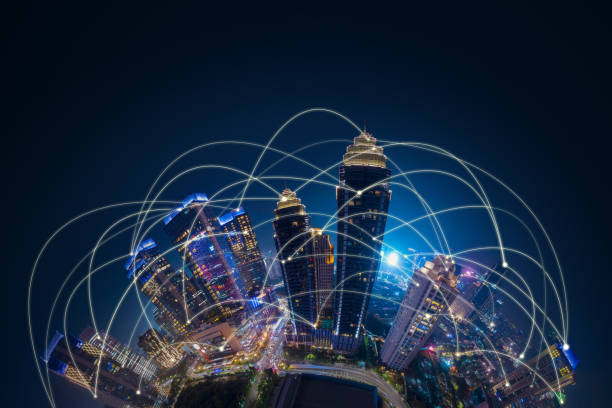Glowing smart city with network connection stock photo