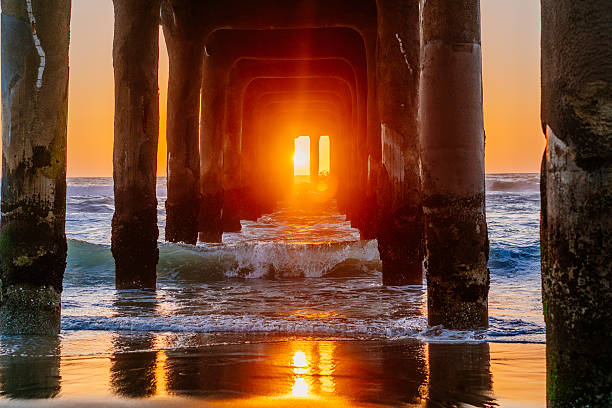 Glowing Sun Under the Manhattan Beach Pier stock photo