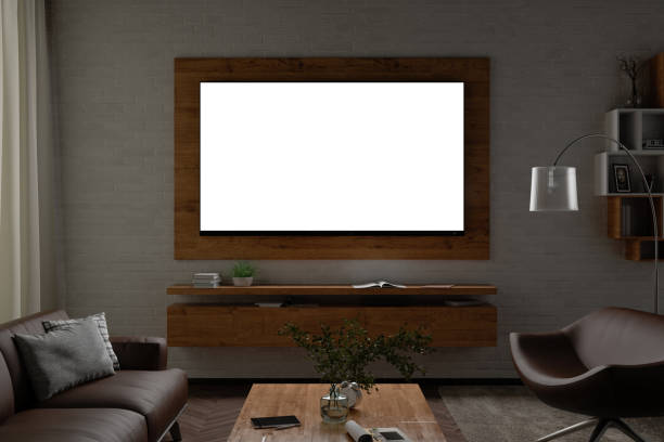 glowing tv screen at night - living room night nobody imagens e fotografias de stock