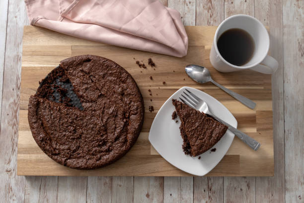 Gluten free chocolate cake 2019-03-09 - Gluten free chocolate cake served in a small plate with a cup of coffee beside chocolate cake stock pictures, royalty-free photos & images