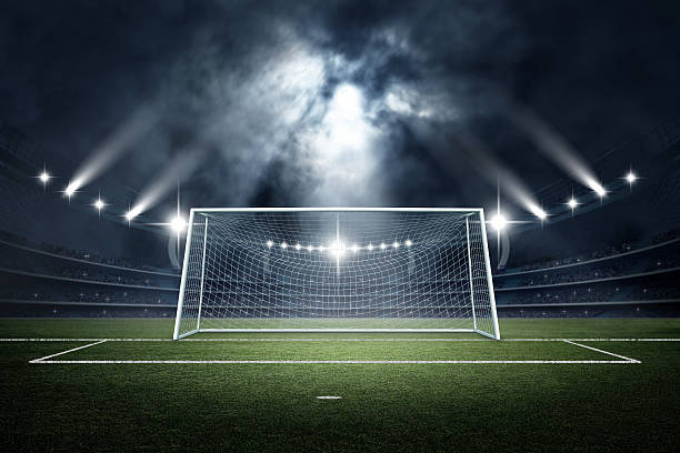 Goal post in the stadium,3d rendering The imaginary stadium and goal post are modelled and rendered. goal sports equipment stock pictures, royalty-free photos & images