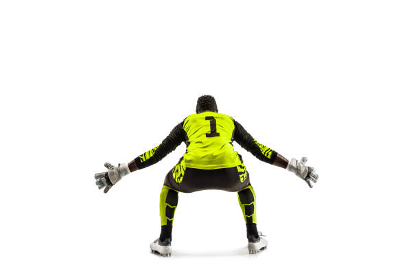 Goalkeeper ready to save on white background Goalkeeper ready to save on white studio background. Soccer football concept. Back view goalie stock pictures, royalty-free photos & images