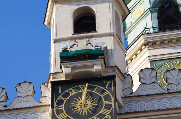Goats fighting on the tower - symbol of Poznan, Poland Goats fighting on the tower, symbol of Poznan in Poland poznan stock pictures, royalty-free photos & images