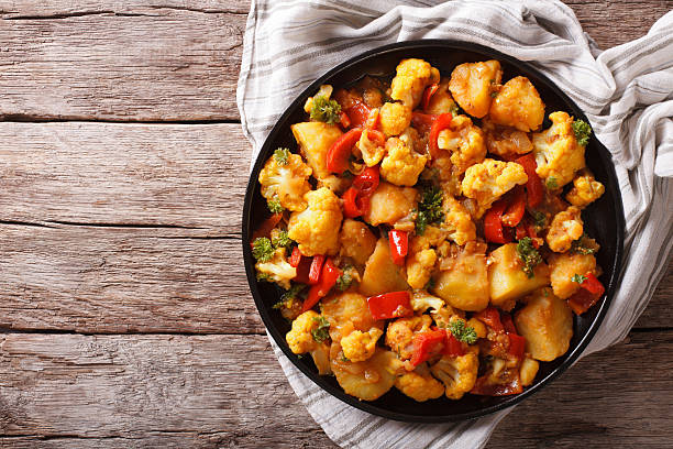 Gobi Aloo with cauliflower and vegetables horizontal top view Indian Food: Gobi Aloo with cauliflower and vegetables close-up on a plate. horizontal top view curry meal stock pictures, royalty-free photos & images