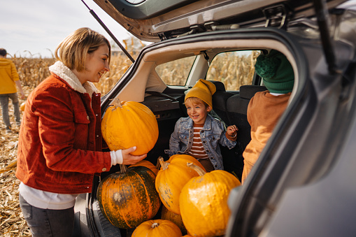 Photo of cute little boys putting pumpkins into a car trunk, accompanied by their mother; going back home after spending the day on a lovely pumpkin patch and picking pumpkins; fall activities for families with young children.
