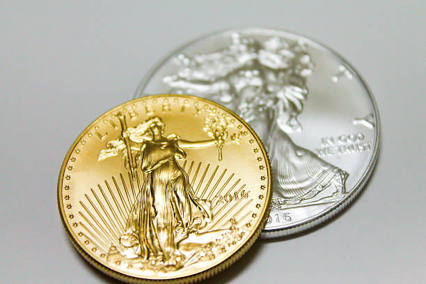 Gold and Silver Coin Top View Close UP stock photo