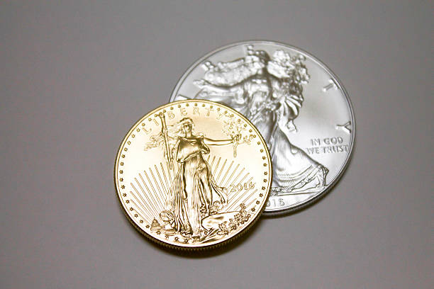 Gold and Silver Coin Top View stock photo