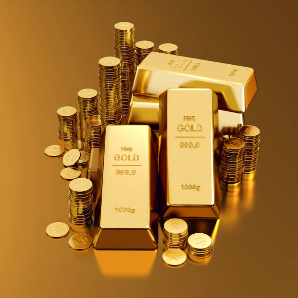 Gold bars  and golden coins Gold bars and golden coins 3d render. gold bars stock pictures, royalty-free photos & images