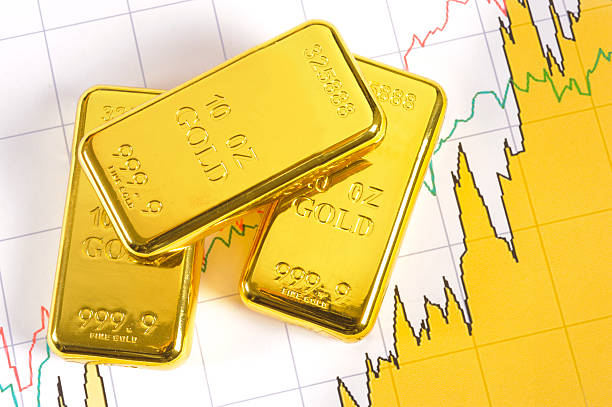 gold bars on chart three gold bars on stock market chart Gold  stock pictures, royalty-free photos & images