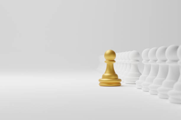 Gold chess outstanding among group. Leader, Unique, Think different, Individual and standing out from the crowd concept. 3d illustration stock photo