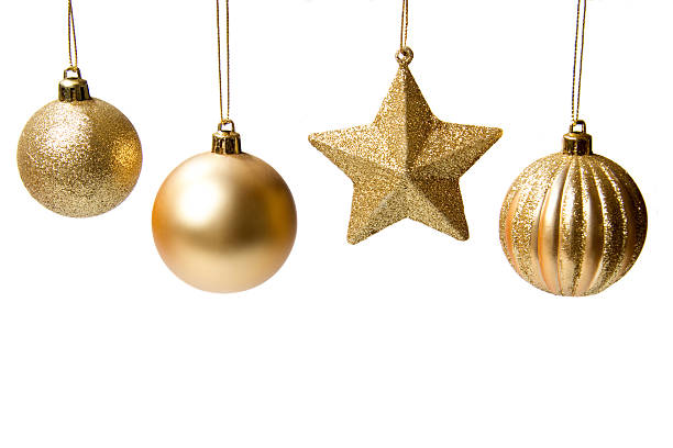 Gold Christmas decorations Gold Christmas decorations in different shapes isolated on a white background Gold Ornament stock pictures, royalty-free photos & images