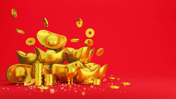 Gold coins and Chinese gold ingot on red background , 3D Rendering stock photo
